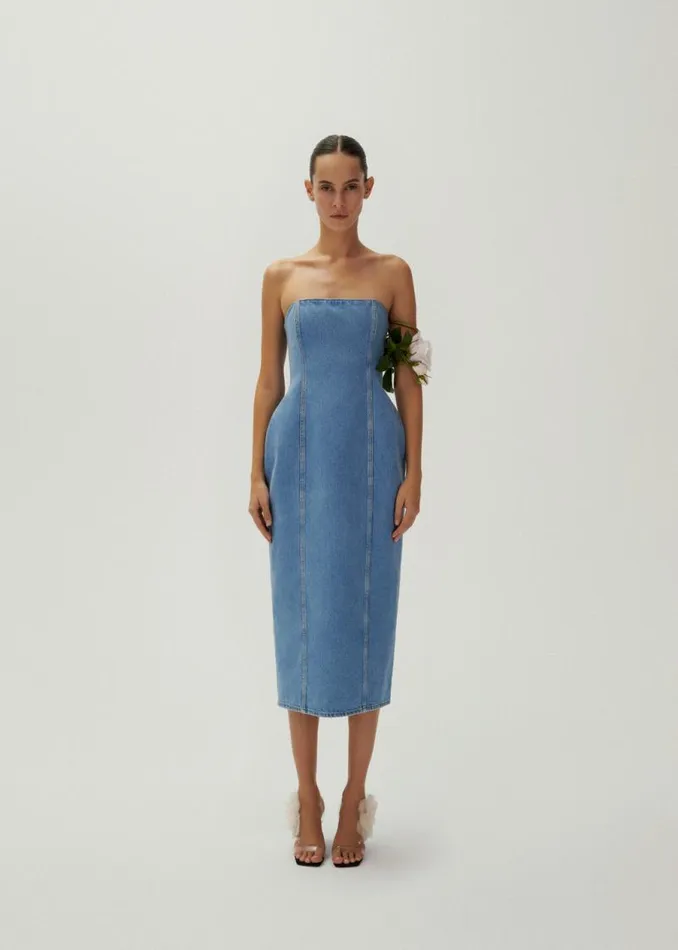 Shop Magda Butrym Dresses Strapless Hourglass Denim Corset Midi Dress In Light Blue Shop Magda Butrym Dresses Strapless Hourglass Denim Corset Midi Dress In Light Blue