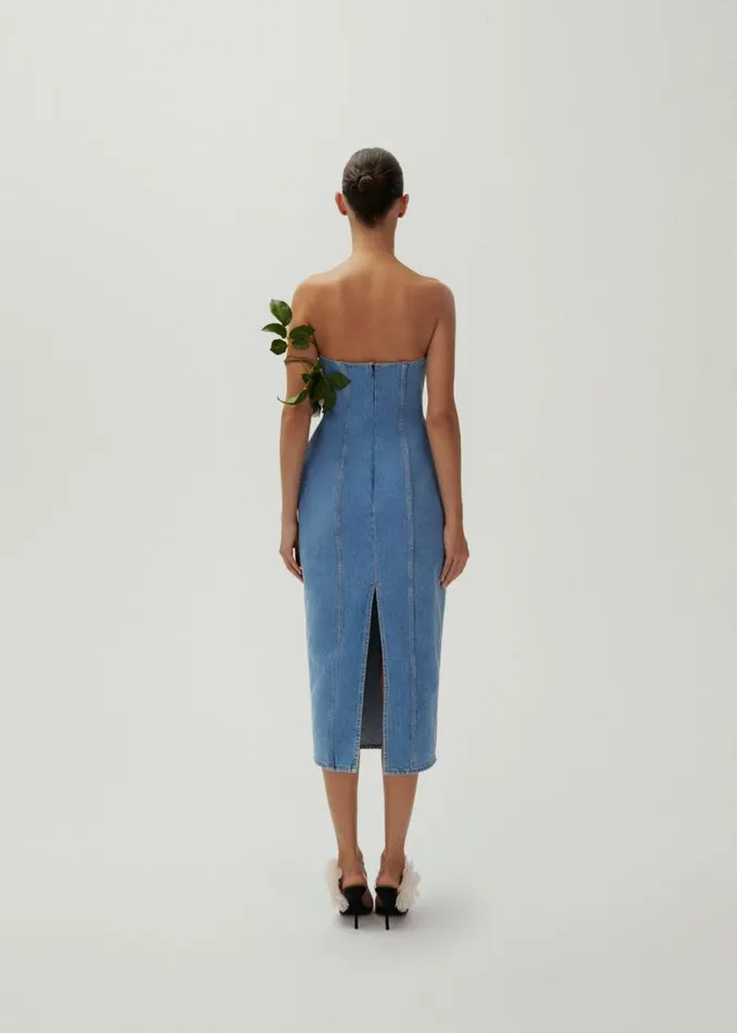 Shop Magda Butrym Dresses Strapless Hourglass Denim Corset Midi Dress In Light Blue Shop Magda Butrym Dresses Strapless Hourglass Denim Corset Midi Dress In Light Blue