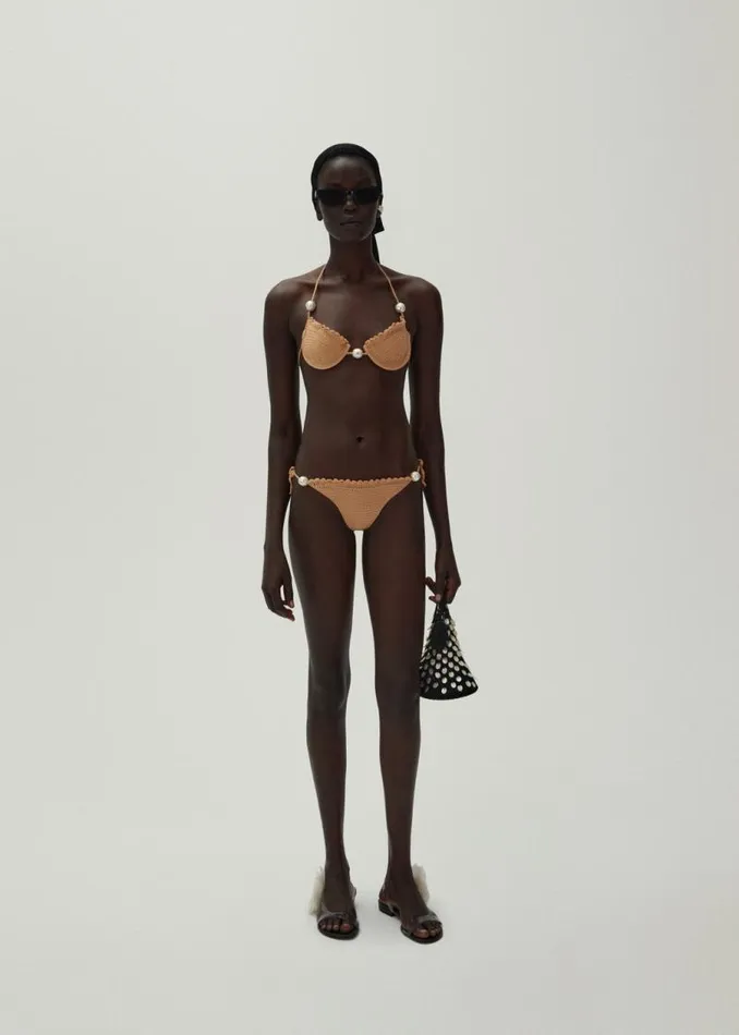 Shop Magda Butrym Handmade Pearl Crochet String Bottoms In Brown Shop Magda Butrym Handmade Pearl Crochet String Bottoms In Brown