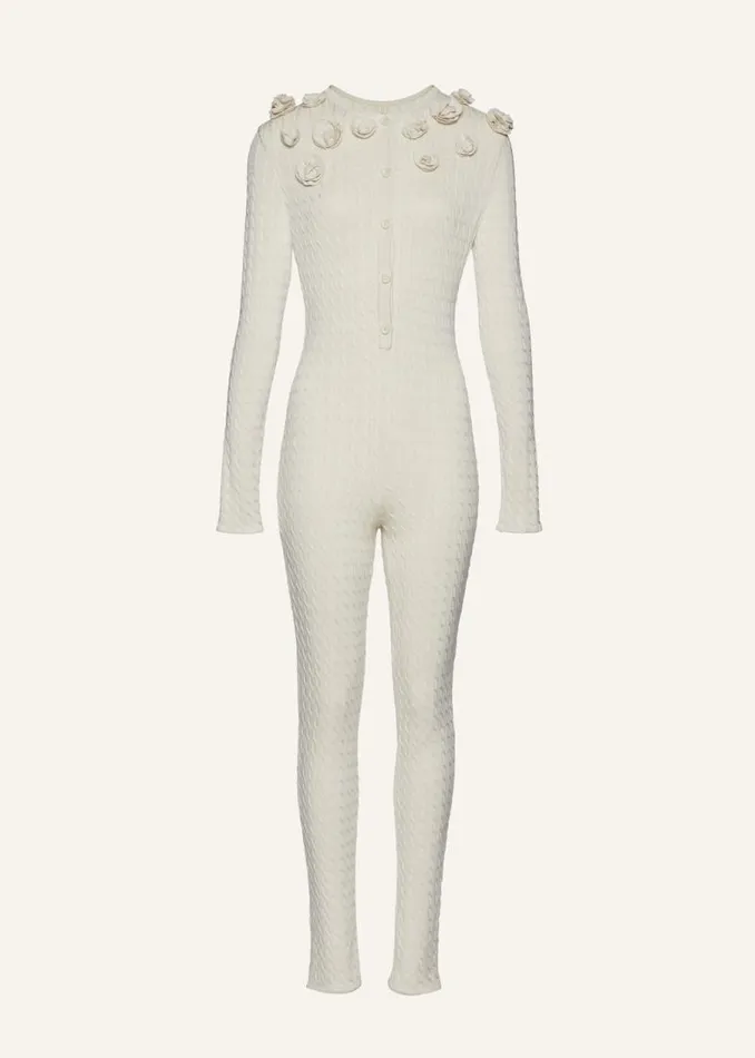 Shop Magda Butrym Knitwear Rosette Cable Knit Silk Jumpsuit In Cream