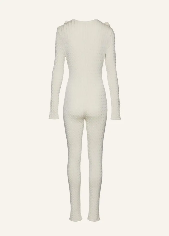 Shop Magda Butrym Knitwear Rosette Cable Knit Silk Jumpsuit In Cream Shop Magda Butrym Knitwear Rosette Cable Knit Silk Jumpsuit In Cream