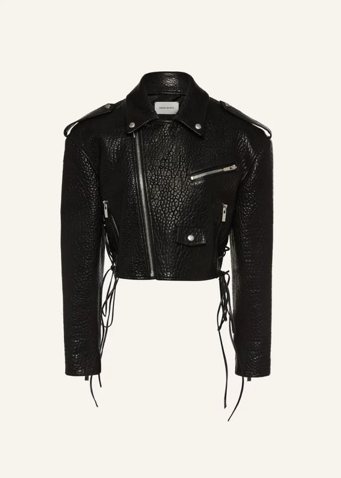 Shop Magda Butrym Leather And Shearling Cropped Leather Biker Jacket In Embossed Black Shop Magda Butrym Leather And Shearling Cropped Leather Biker Jacket In Embossed Black