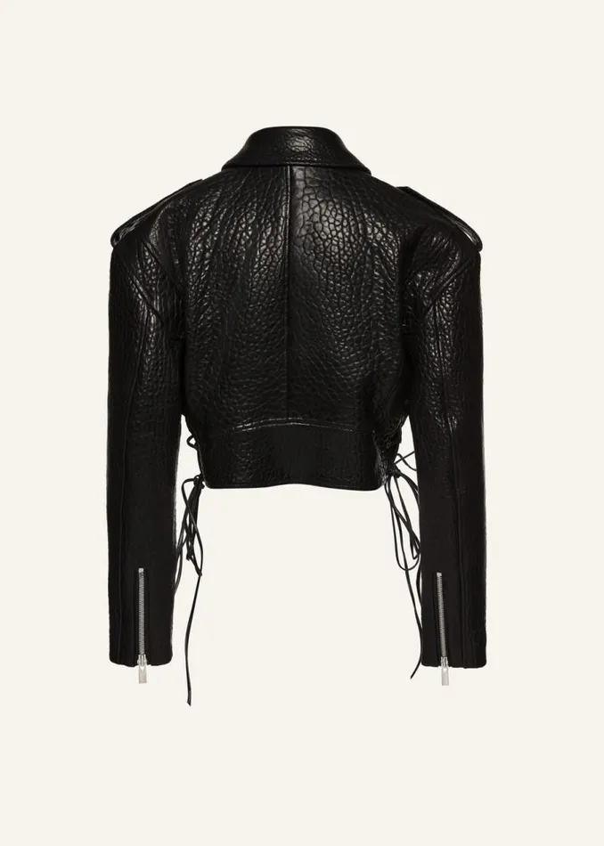 Shop Magda Butrym Leather And Shearling Cropped Leather Biker Jacket In Embossed Black Shop Magda Butrym Leather And Shearling Cropped Leather Biker Jacket In Embossed Black