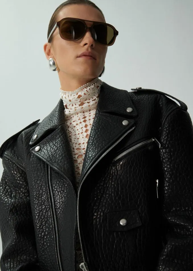 Shop Magda Butrym Leather And Shearling Cropped Leather Biker Jacket In Embossed Black Shop Magda Butrym Leather And Shearling Cropped Leather Biker Jacket In Embossed Black