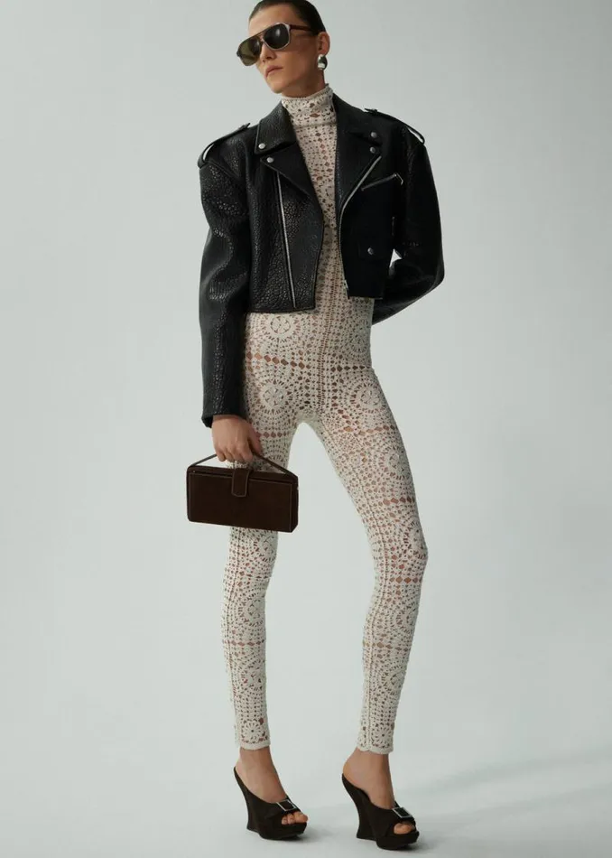 Shop Magda Butrym Leather And Shearling Cropped Leather Biker Jacket In Embossed Black Shop Magda Butrym Leather And Shearling Cropped Leather Biker Jacket In Embossed Black