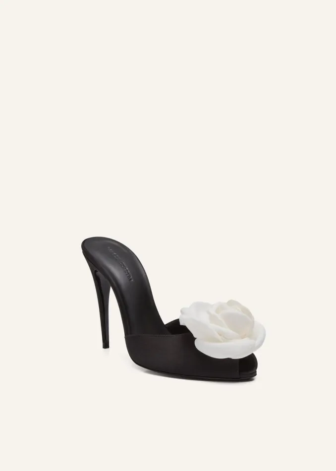 Shop Magda Butrym Shoes Flower Peep Toe Mules In Black Satin Shop Magda Butrym Shoes Flower Peep Toe Mules In Black Satin