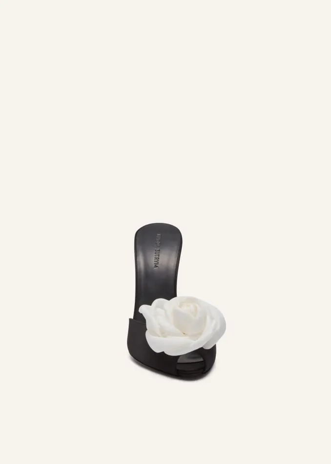 Shop Magda Butrym Shoes Flower Peep Toe Mules In Black Satin Shop Magda Butrym Shoes Flower Peep Toe Mules In Black Satin