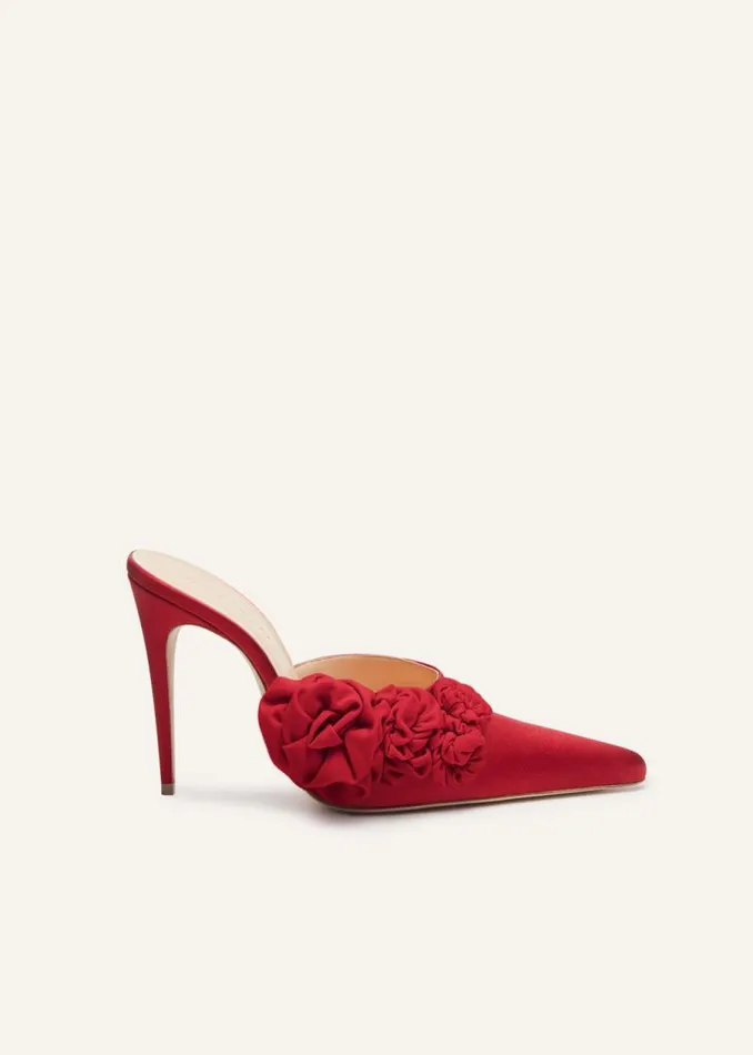 Shop Magda Butrym Shoes Red Flower Appliqu Pointed Mules In Red Satin