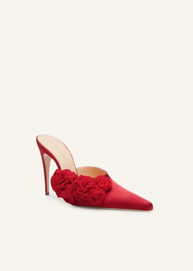 Shop Magda Butrym Shoes Red Flower Appliqu Pointed Mules In Red Satin Shop Magda Butrym Shoes Red Flower Appliqu Pointed Mules In Red Satin