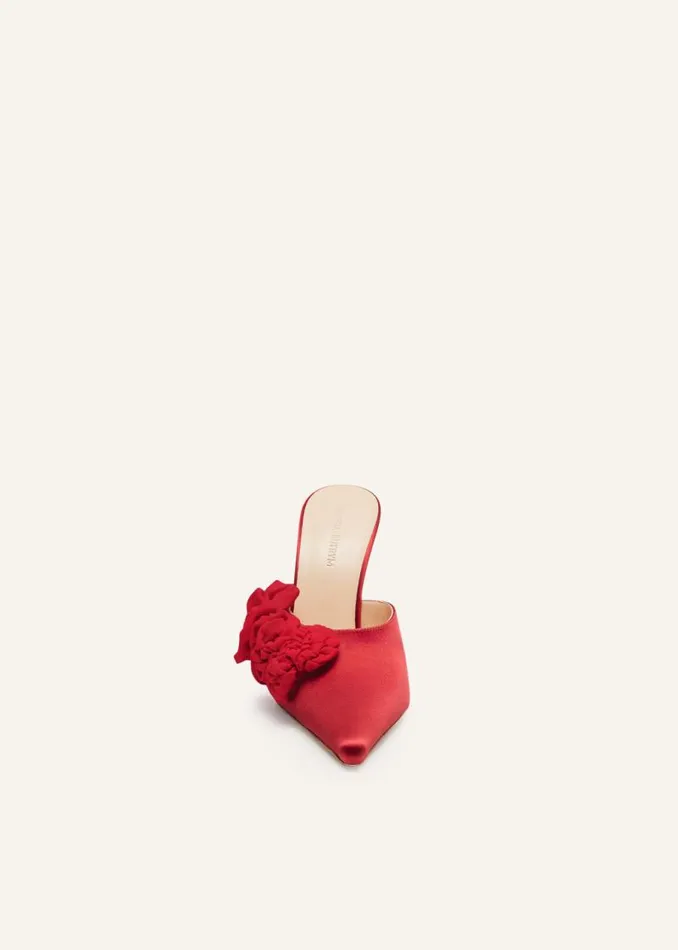 Shop Magda Butrym Shoes Red Flower Appliqu Pointed Mules In Red Satin Shop Magda Butrym Shoes Red Flower Appliqu Pointed Mules In Red Satin