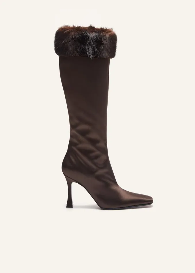 Shop Magda Butrym Shoes Tall Faux Fur Sock Boots In Brown Satin