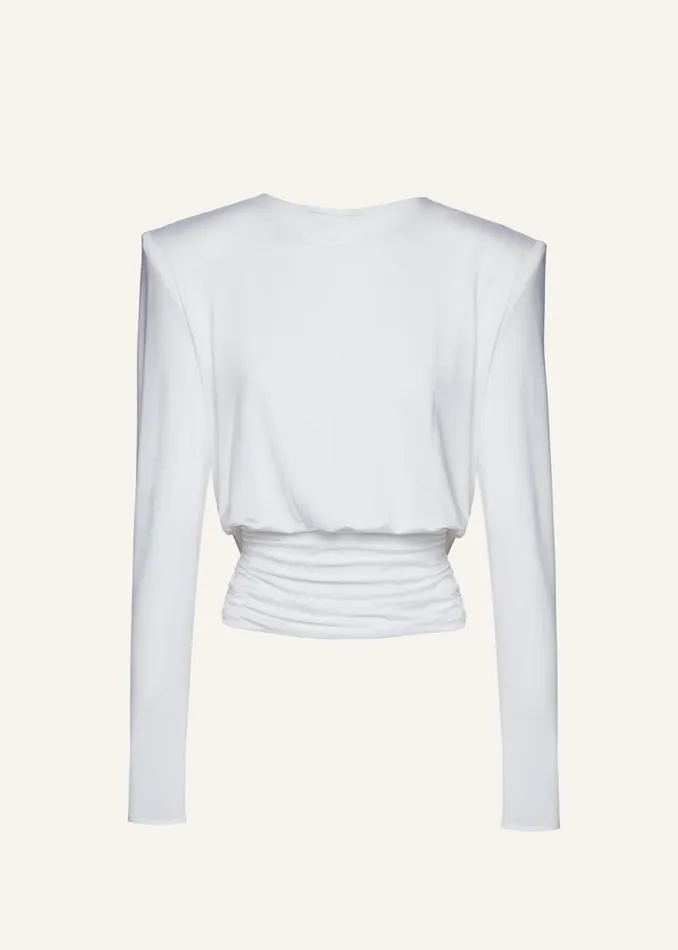 Shop Magda Butrym Tops Long Sleeve Draped Jersey Blouse In White