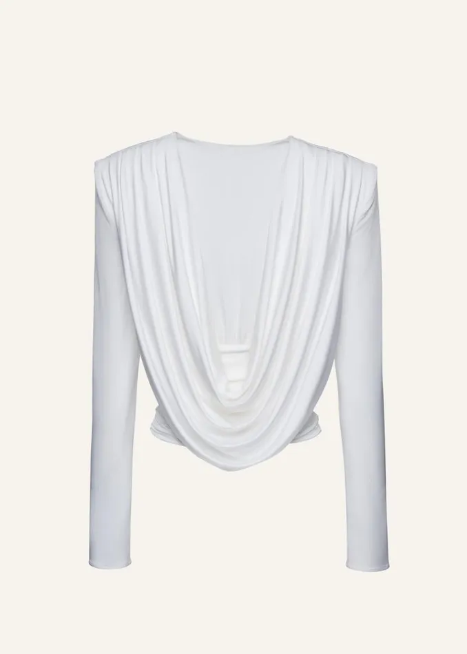 Shop Magda Butrym Tops Long Sleeve Draped Jersey Blouse In White Shop Magda Butrym Tops Long Sleeve Draped Jersey Blouse In White