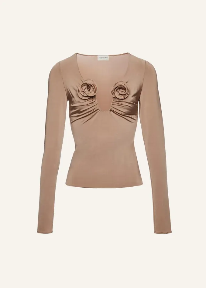 Shop Magda Butrym Tops Long Sleeve Floral Appliqu Jersey Top In Beige