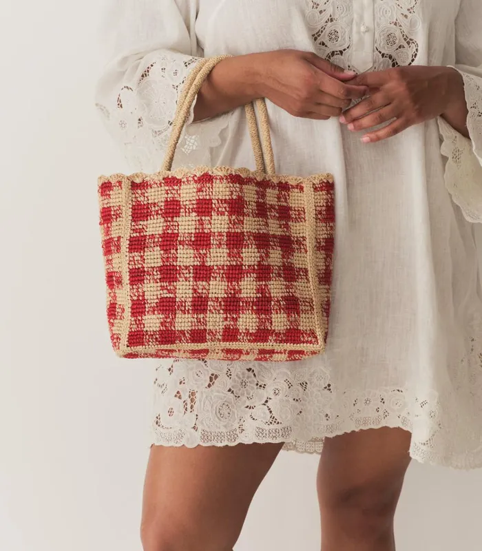 Shop PETITE MATHILDE BAG Red Gingham Raffia DEN Bags