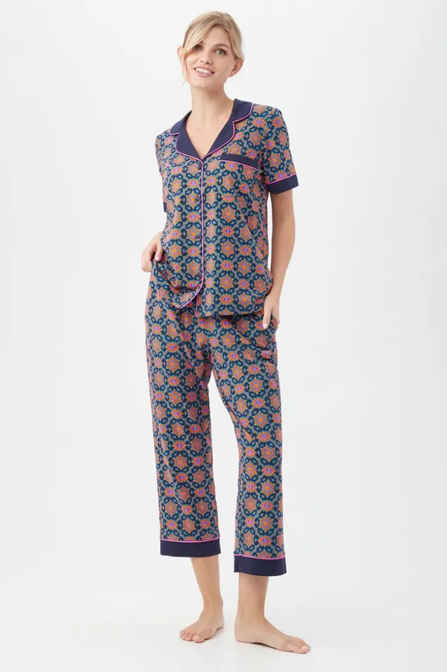 SHOP Trina Turk WOMEN039S SLEEPWEAR ROYAL FOULARD WOMEN039S SHORT SLEEVE CROPPED PANT JERSEY PJ SET