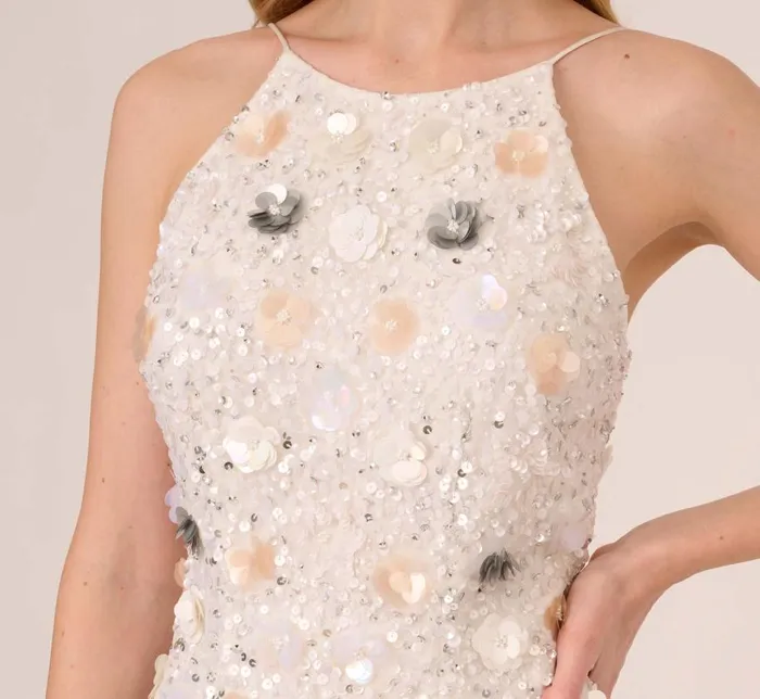 Short Dresses Womens Adrianna Papell 3D Floral Beaded Halter Sheath Dress In Ivory Multi