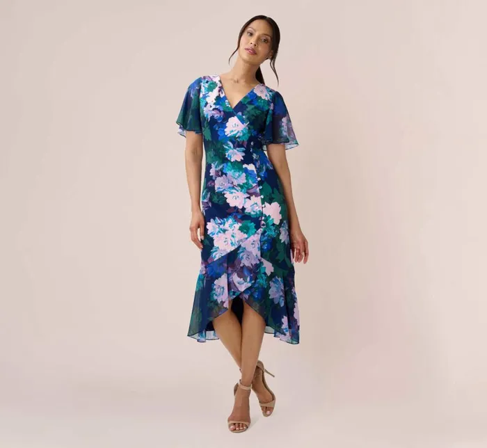 Short Dresses Womens Adrianna Papell FloralPrint Stretch Twill And Chiffon Short Dress With Flounce Hem In Navy Multi Short Dresses Womens Adrianna Papell FloralPrint Stretch Twill And Chiffon Short Dress With Flounce Hem In Navy Multi