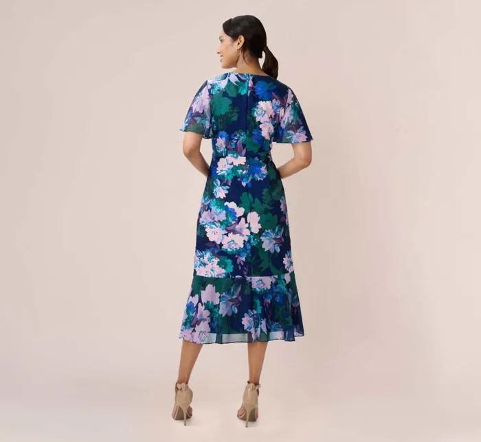 Short Dresses Womens Adrianna Papell FloralPrint Stretch Twill And Chiffon Short Dress With Flounce Hem In Navy Multi