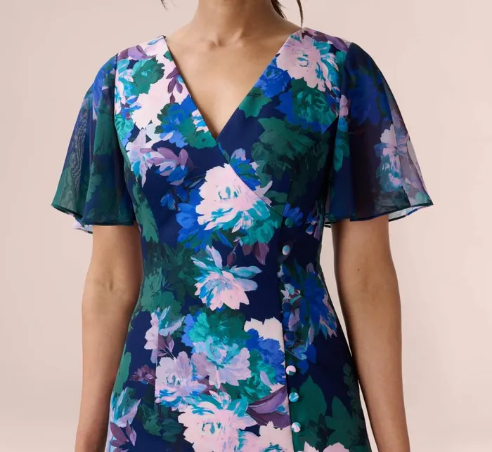 Short Dresses Womens Adrianna Papell FloralPrint Stretch Twill And Chiffon Short Dress With Flounce Hem In Navy Multi