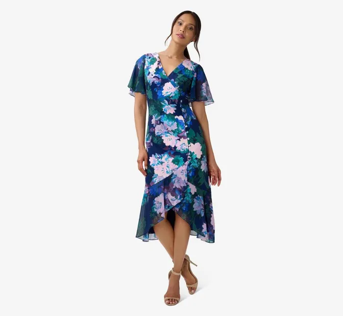 Short Dresses Womens Adrianna Papell FloralPrint Stretch Twill And Chiffon Short Dress With Flounce Hem In Navy Multi