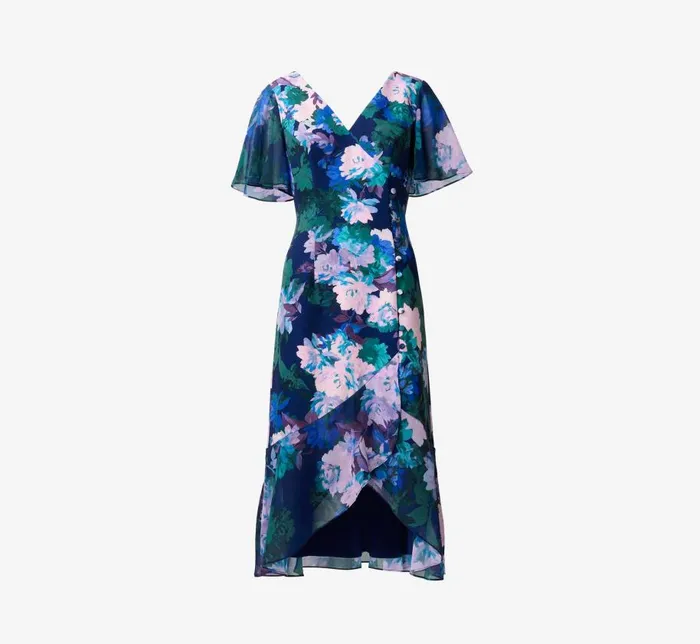 Short Dresses Womens Adrianna Papell FloralPrint Stretch Twill And Chiffon Short Dress With Flounce Hem In Navy Multi