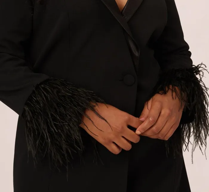 Short Dresses Womens Adrianna Papell Plus Size Knit Crepe Long Sleeve Blazer Dress With Feather Trim In Black