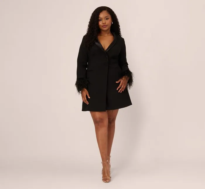Short Dresses Womens Adrianna Papell Plus Size Knit Crepe Long Sleeve Blazer Dress With Feather Trim In Black