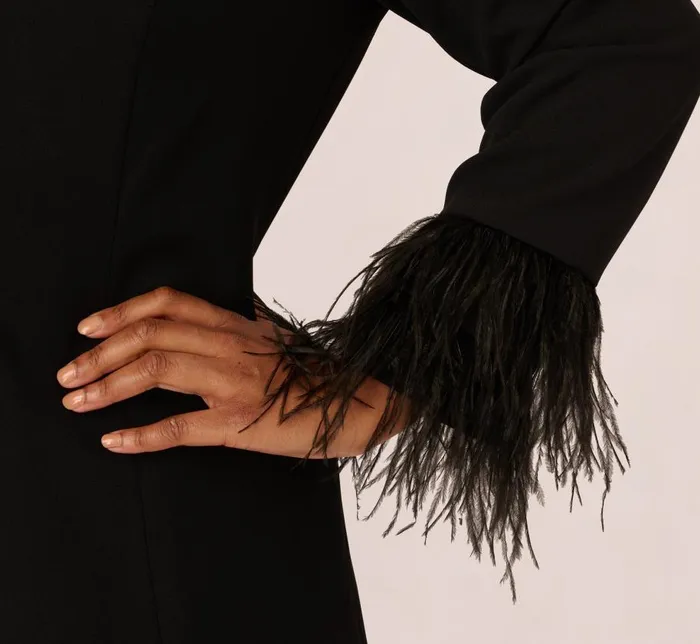 Short Dresses Womens Adrianna Papell Plus Size Knit Crepe Long Sleeve Blazer Dress With Feather Trim In Black