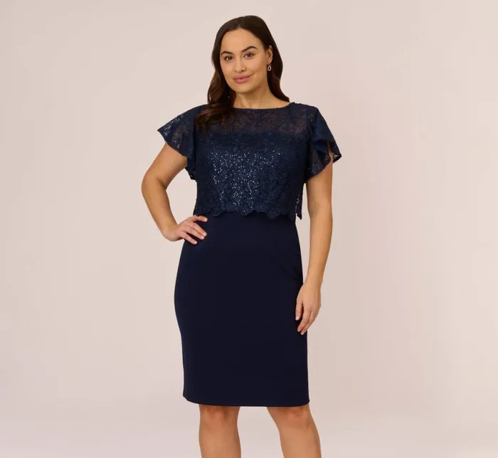 Short Dresses Womens Adrianna Papell Plus Size Sequined Guipure Lace Popover Stretch Knit Crepe Short Sheath Dress In Navy Short Dresses Womens Adrianna Papell Plus Size Sequined Guipure Lace Popover Stretch Knit Crepe Short Sheath Dress In Navy