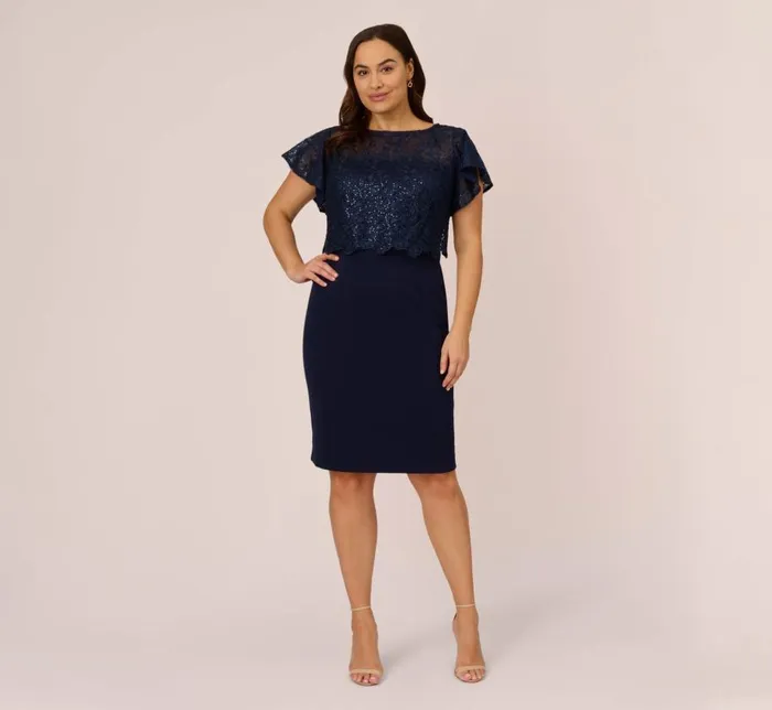 Short Dresses Womens Adrianna Papell Plus Size Sequined Guipure Lace Popover Stretch Knit Crepe Short Sheath Dress In Navy