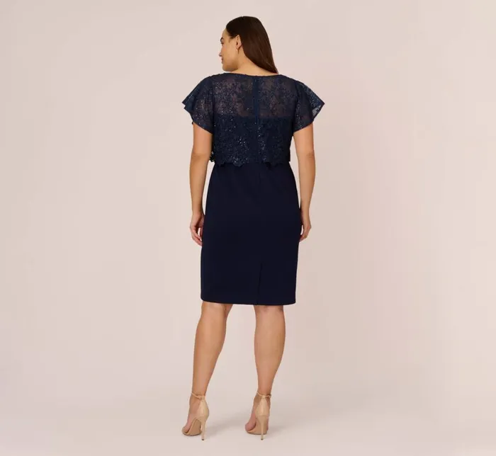 Short Dresses Womens Adrianna Papell Plus Size Sequined Guipure Lace Popover Stretch Knit Crepe Short Sheath Dress In Navy