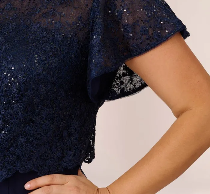 Short Dresses Womens Adrianna Papell Plus Size Sequined Guipure Lace Popover Stretch Knit Crepe Short Sheath Dress In Navy