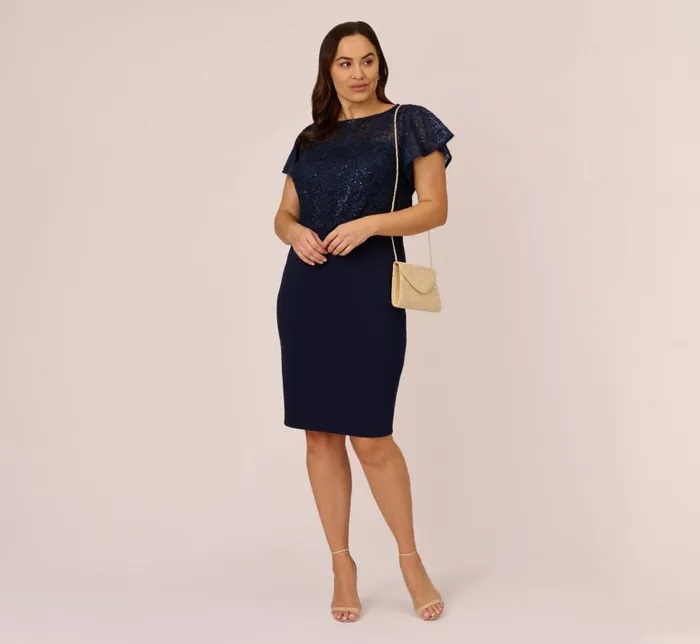Short Dresses Womens Adrianna Papell Plus Size Sequined Guipure Lace Popover Stretch Knit Crepe Short Sheath Dress In Navy