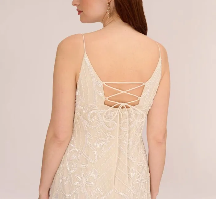 Short Dresses Womens Adrianna Papell Sequin Beaded Sheath Dress With Corset Back In Ivory Pearl