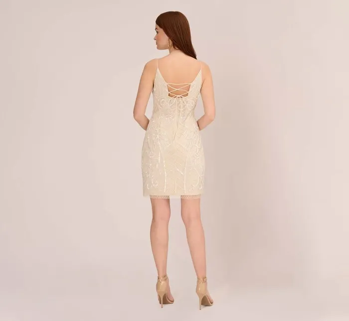 Short Dresses Womens Adrianna Papell Sequin Beaded Sheath Dress With Corset Back In Ivory Pearl