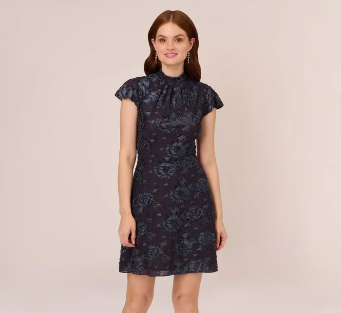 Short Dresses Womens Adrianna Papell Velvet Burnout Floral Short Sleeve Dress With Mock Neck In Midnight Short Dresses Womens Adrianna Papell Velvet Burnout Floral Short Sleeve Dress With Mock Neck In Midnight