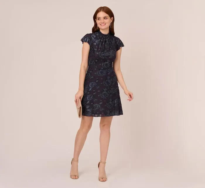 Short Dresses Womens Adrianna Papell Velvet Burnout Floral Short Sleeve Dress With Mock Neck In Midnight