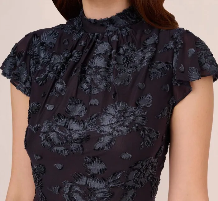Short Dresses Womens Adrianna Papell Velvet Burnout Floral Short Sleeve Dress With Mock Neck In Midnight