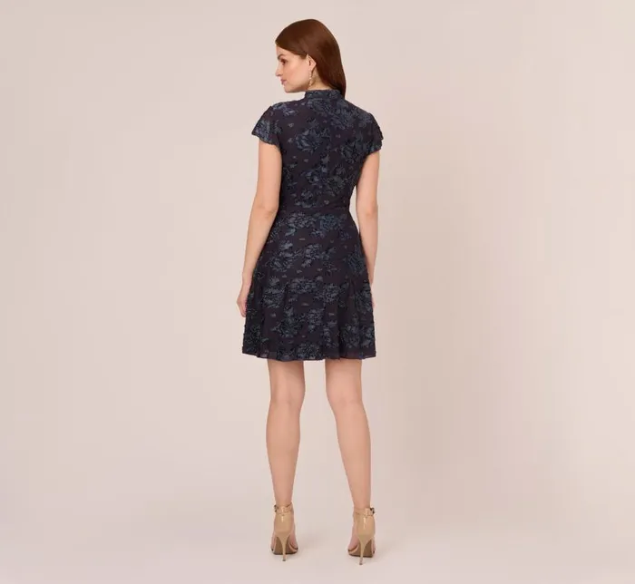 Short Dresses Womens Adrianna Papell Velvet Burnout Floral Short Sleeve Dress With Mock Neck In Midnight