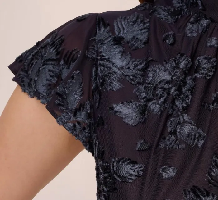 Short Dresses Womens Adrianna Papell Velvet Burnout Floral Short Sleeve Dress With Mock Neck In Midnight