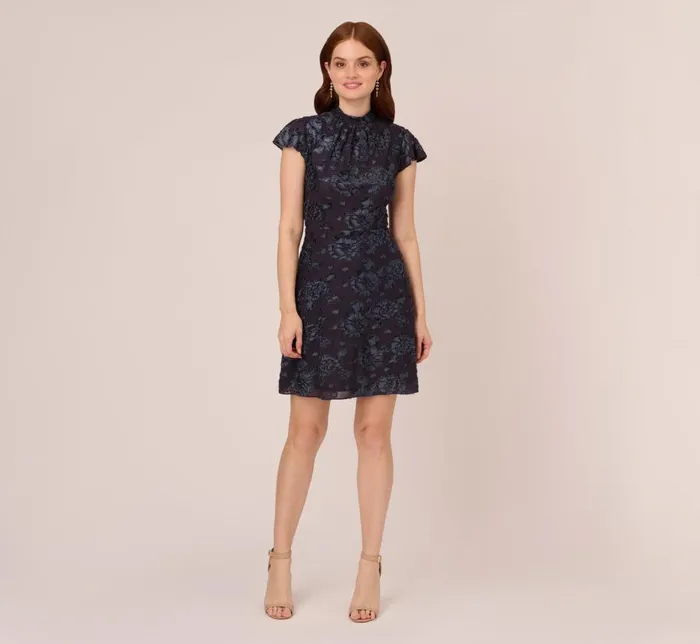 Short Dresses Womens Adrianna Papell Velvet Burnout Floral Short Sleeve Dress With Mock Neck In Midnight
