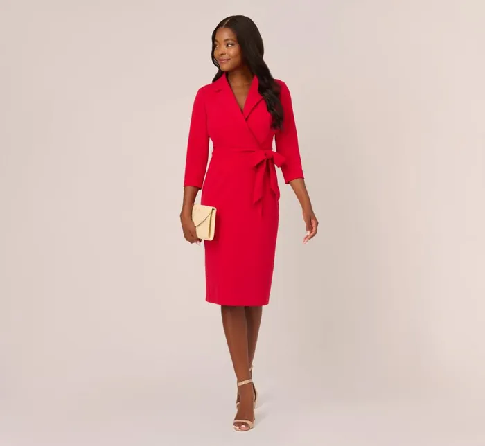 Short Dresses Womens Adrianna Papell Wrap Front Dress With ThreeQuarter Sleeves In Hot Ruby