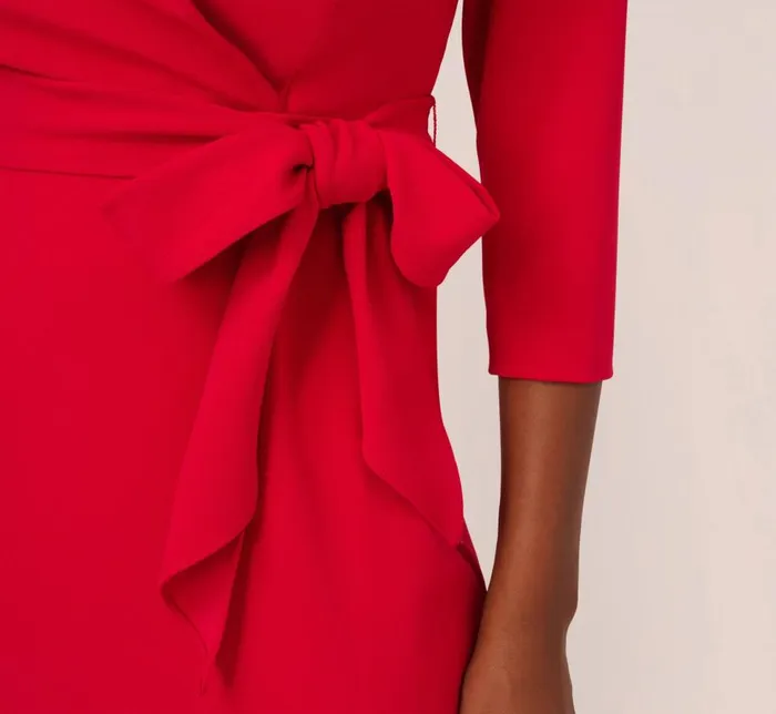 Short Dresses Womens Adrianna Papell Wrap Front Dress With ThreeQuarter Sleeves In Hot Ruby