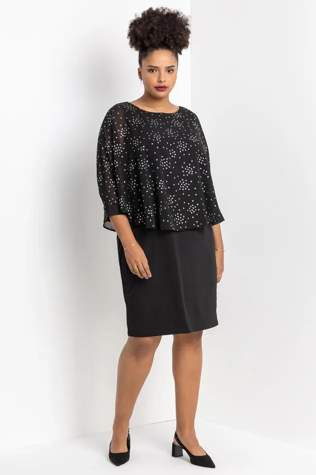 Silver Curve Foil Print Overlay Dress Women Roman Dresses
