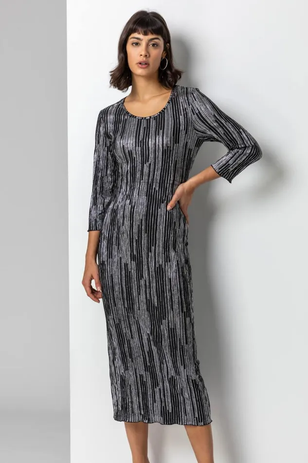 Silver Foil Stripe Print Chiffon Plisse Midi Dress Women Roman Dresses