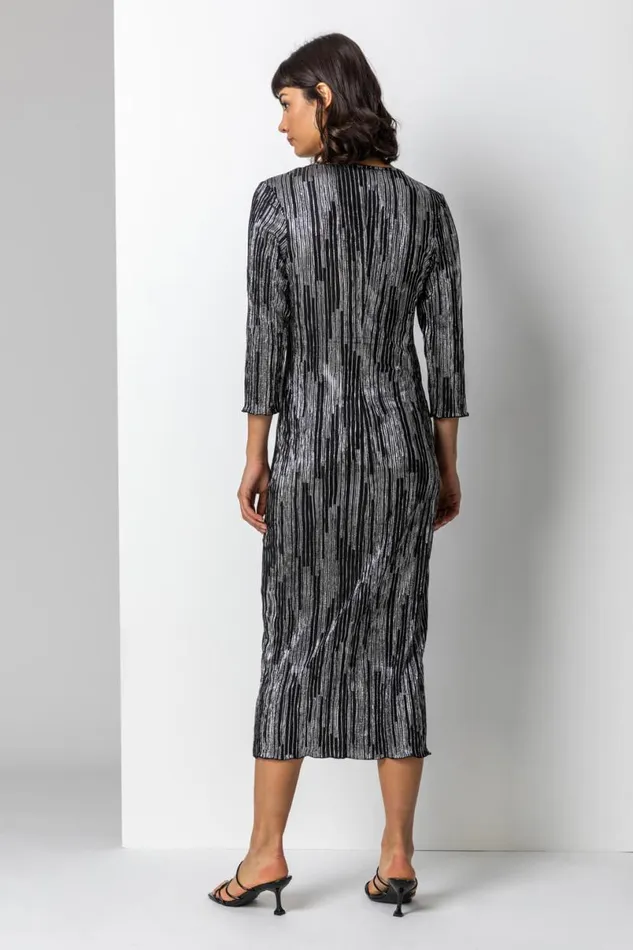 Silver Foil Stripe Print Chiffon Plisse Midi Dress Women Roman Dresses