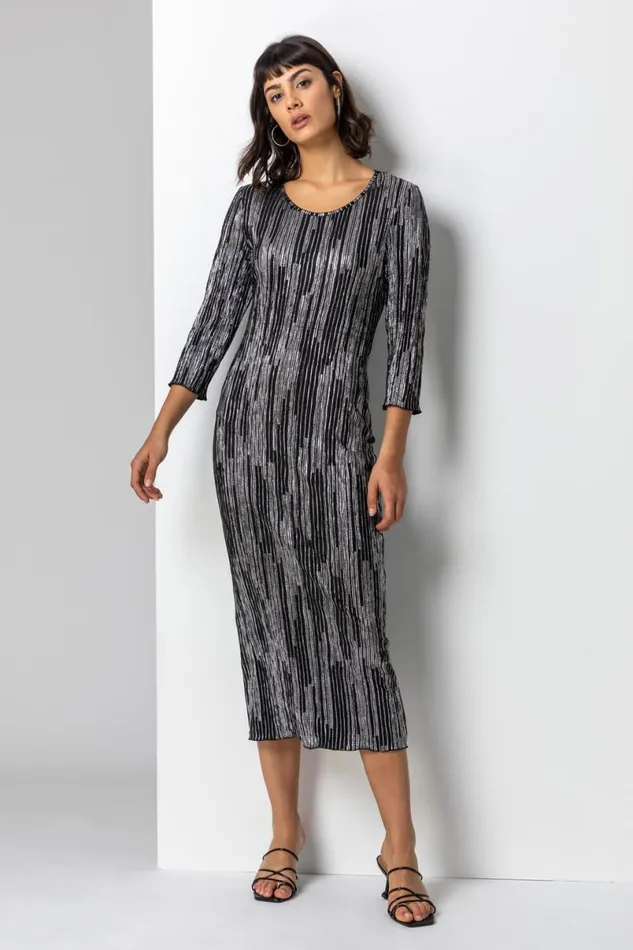 Silver Foil Stripe Print Chiffon Plisse Midi Dress Women Roman Dresses