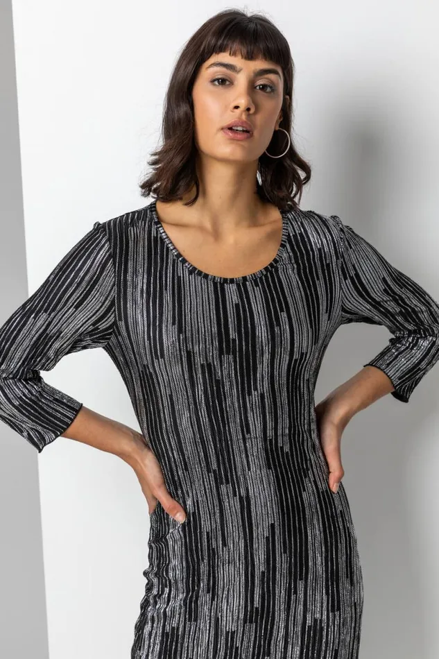 Silver Foil Stripe Print Chiffon Plisse Midi Dress Women Roman Dresses