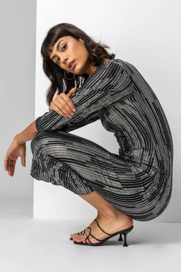 Silver Foil Stripe Print Chiffon Plisse Midi Dress Women Roman Dresses